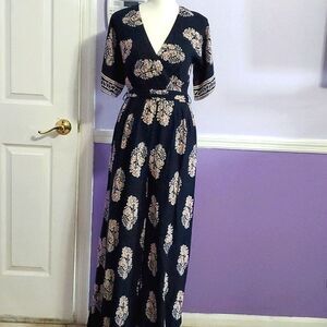 A'Gaci Boho Chic Navy Floral Botanical Open Back Wide Leg Jumpsuit M
